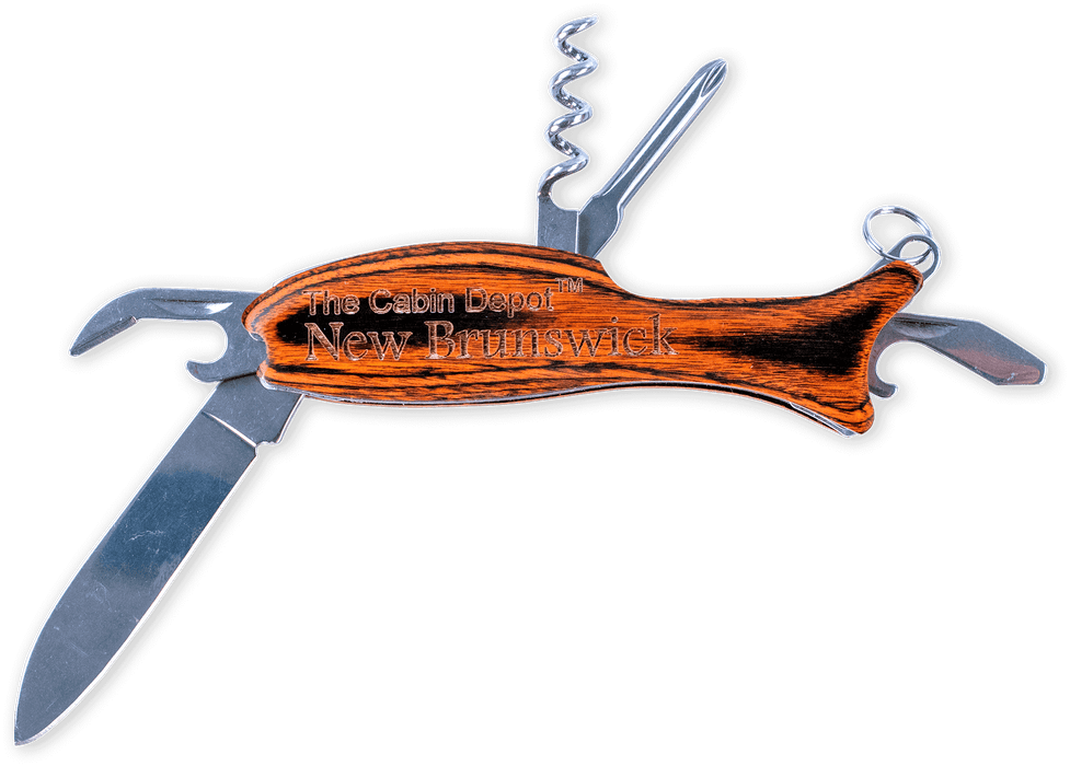 Fish-shaped wood multi-tool knife with multiple functions by North West Laser Designs, featuring "The Cabin Depot New Brunswick" engraving.