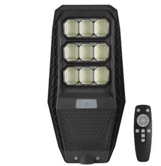 Intrepid Pioneer 100W solar street lamp with LED lights and remote control for outdoor use.