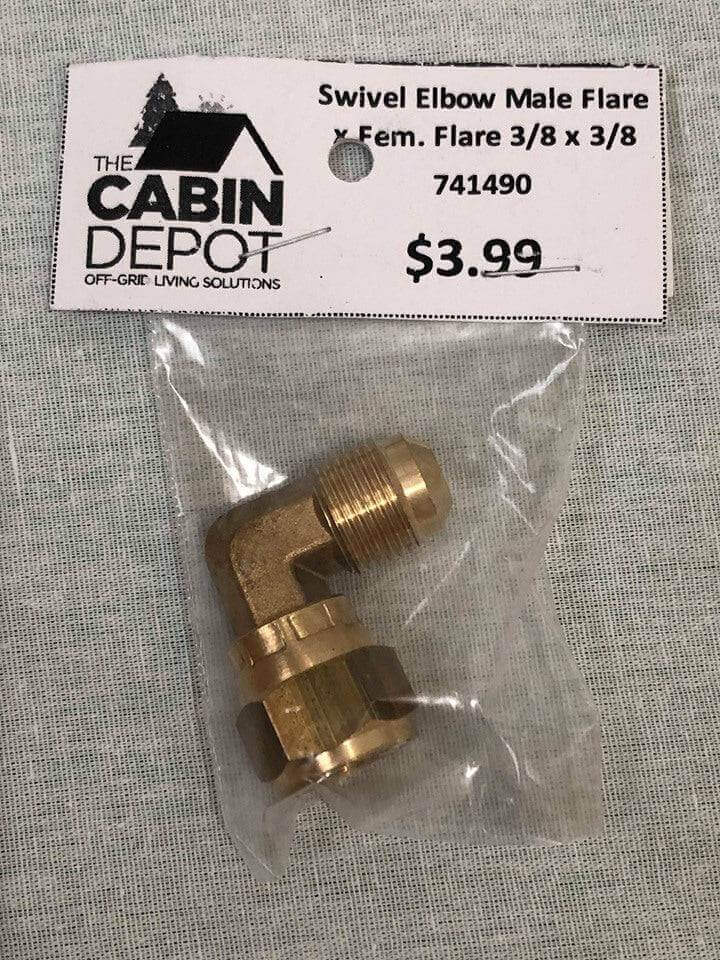 Martin 153-6-6 swivel elbow male flare x female flare 3/8" brass fitting from Cabin Depot, packaged for sale.