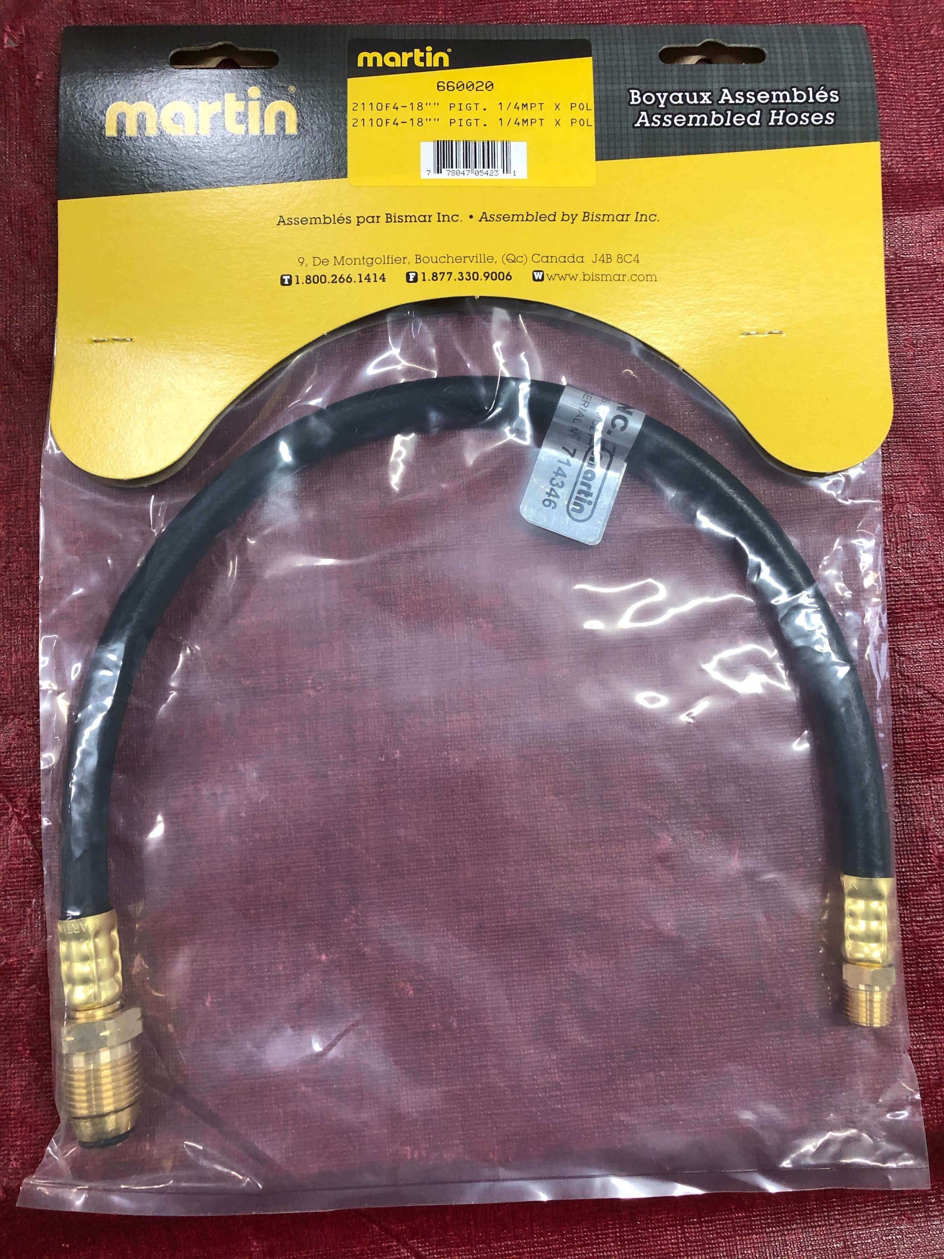Martin 18" Pigtail POL x 1/4" MPT hose for low pressure 476,000 BTU regulator, available at Cabin Depot.