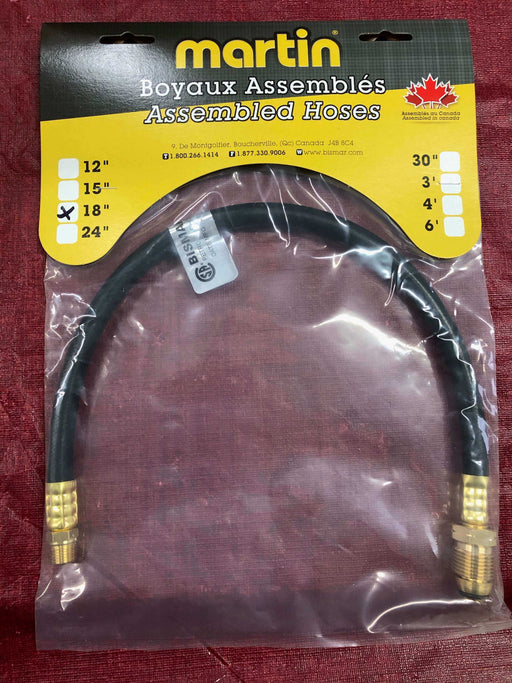 Martin 18" Pigtail Hose with POL x 1/4" MPT fitting in packaging for low pressure 476,000 BTU regulator use.