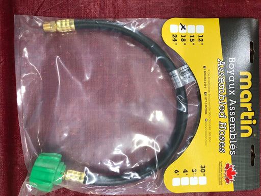 Martin 18" Pigtail Hose QCC x 1/4" MPT for 476,000 BTU Regulator, packaged and displayed with branding and specifications.