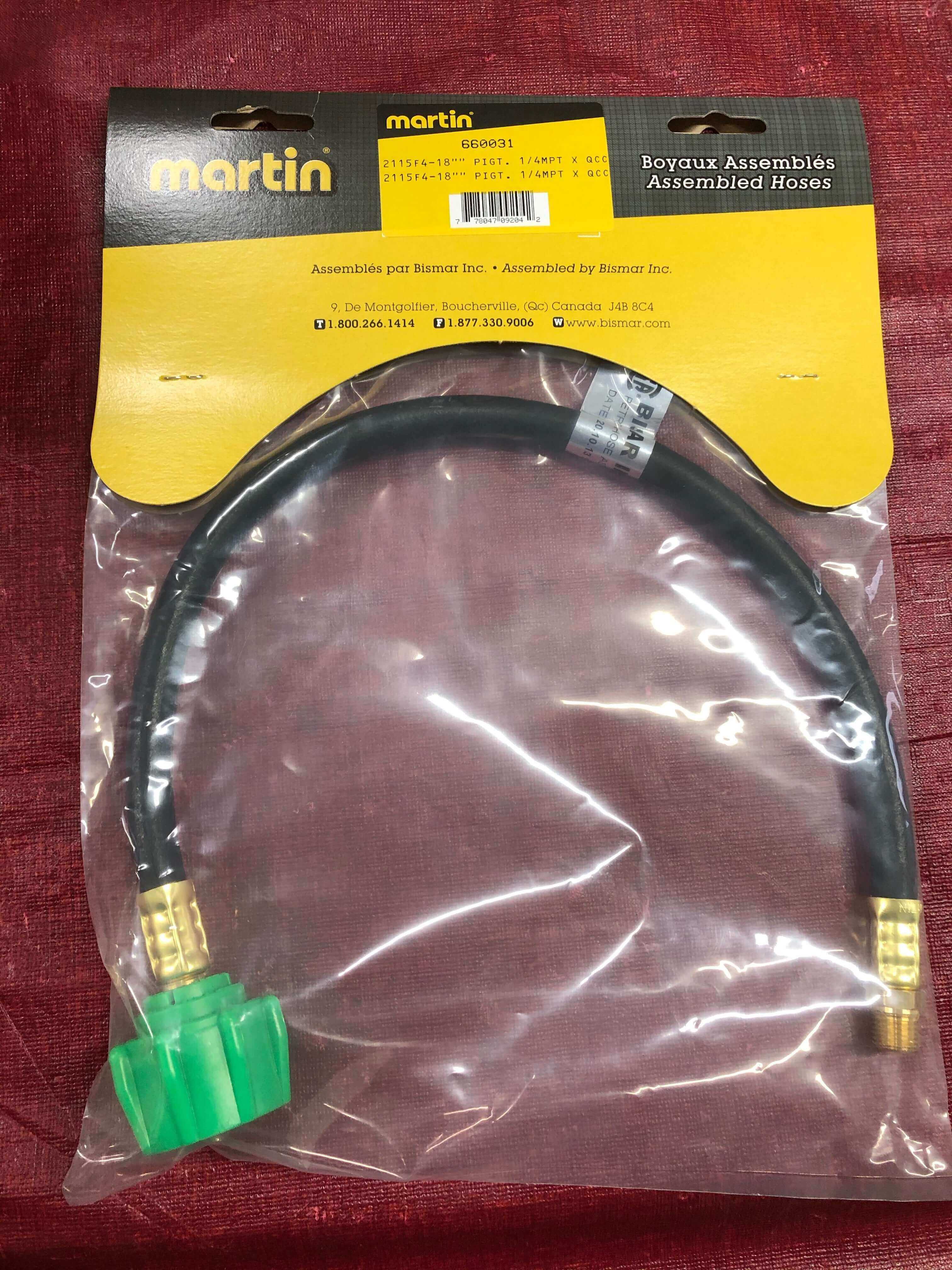 Martin 18-inch Pigtail with QCC x 1/4-inch MPT, ideal for low-pressure 476,000 BTU regulator. Available at Cabin Depot.