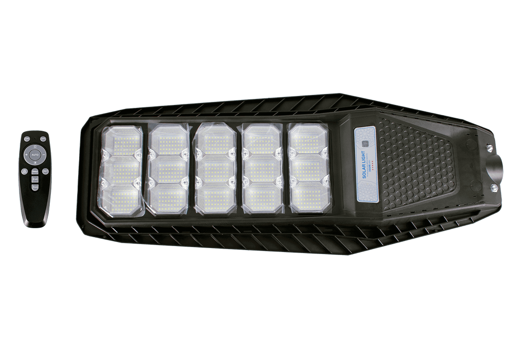 Intrepid Pioneer 300W Solar Street Lamp with remote control, featuring integrated solar panel and LED lighting for outdoor use.