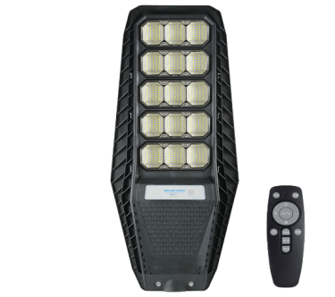 Intrepid Pioneer 300W Solar Street Lamp with remote, featuring LED lights and solar panel for outdoor security lighting.