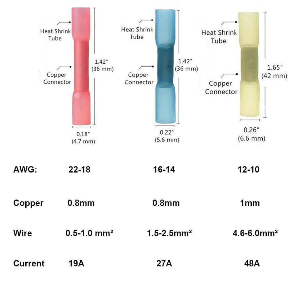 Kedron #10 Butt Connector with Heat Shrink Pair by Cabin Depot, AWG 12-10, 16-14, 22-18 specifications shown.