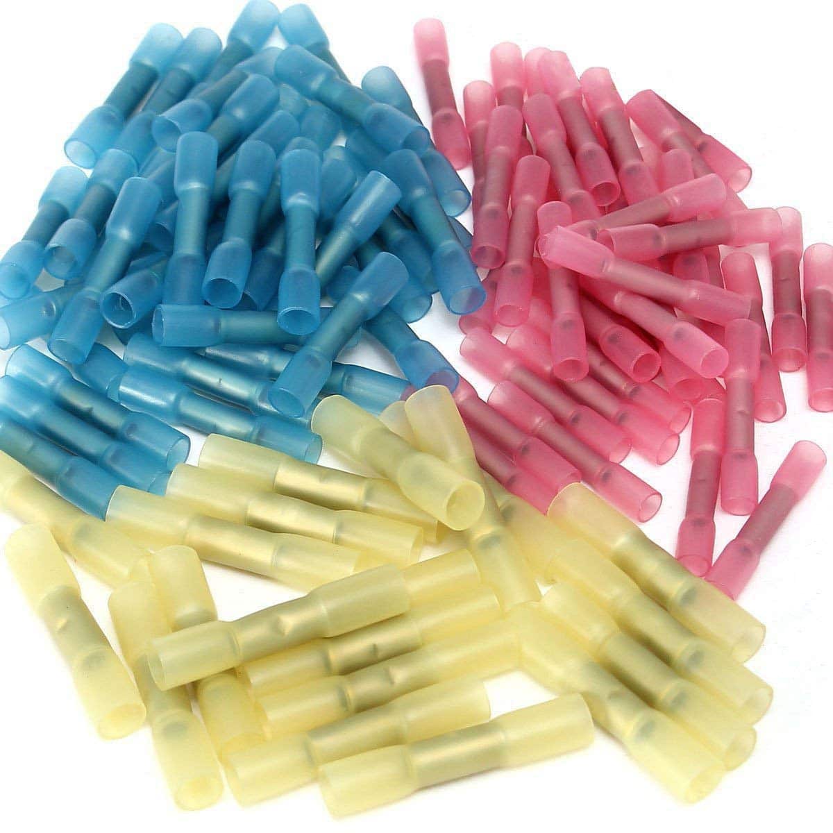 Colorful assortment of Kedron #10 butt connectors with heat shrink, available as a pair, perfect for Cabin Depot electrical projects.
