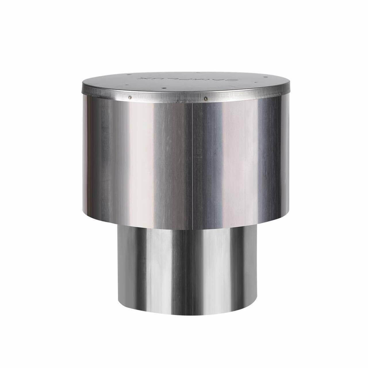 Camplux stainless steel 4.33" rain cap for portable water heaters available at Cabin Depot, prevents debris in tankless heaters.