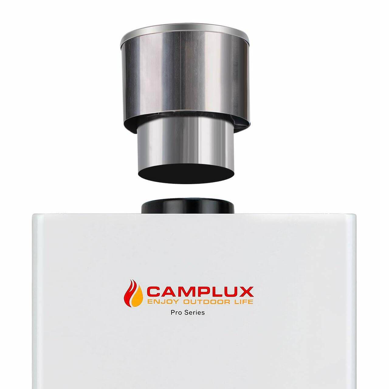 Camplux 4.33" Rain Cap for Outdoor Portable Water Heaters at Cabin Depot, stainless steel, wind-proof and rain-proof design.