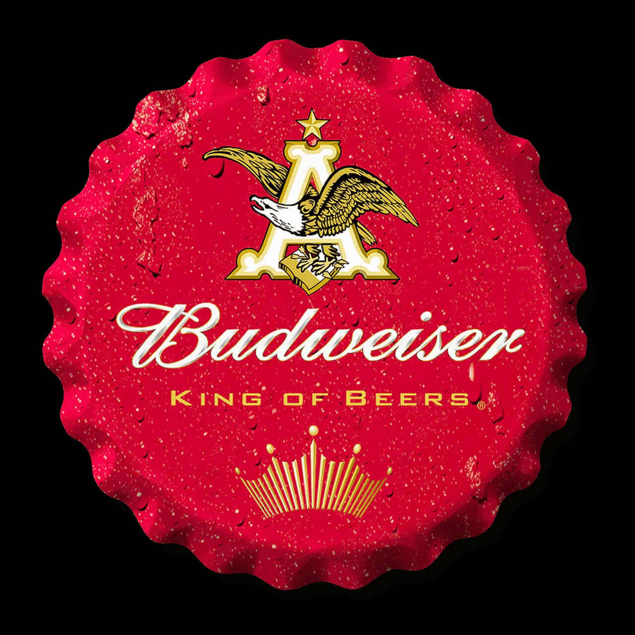 Desperate large Budweiser bottle cap from Cabin Depot, featuring a red design with logo and King of Beers text.