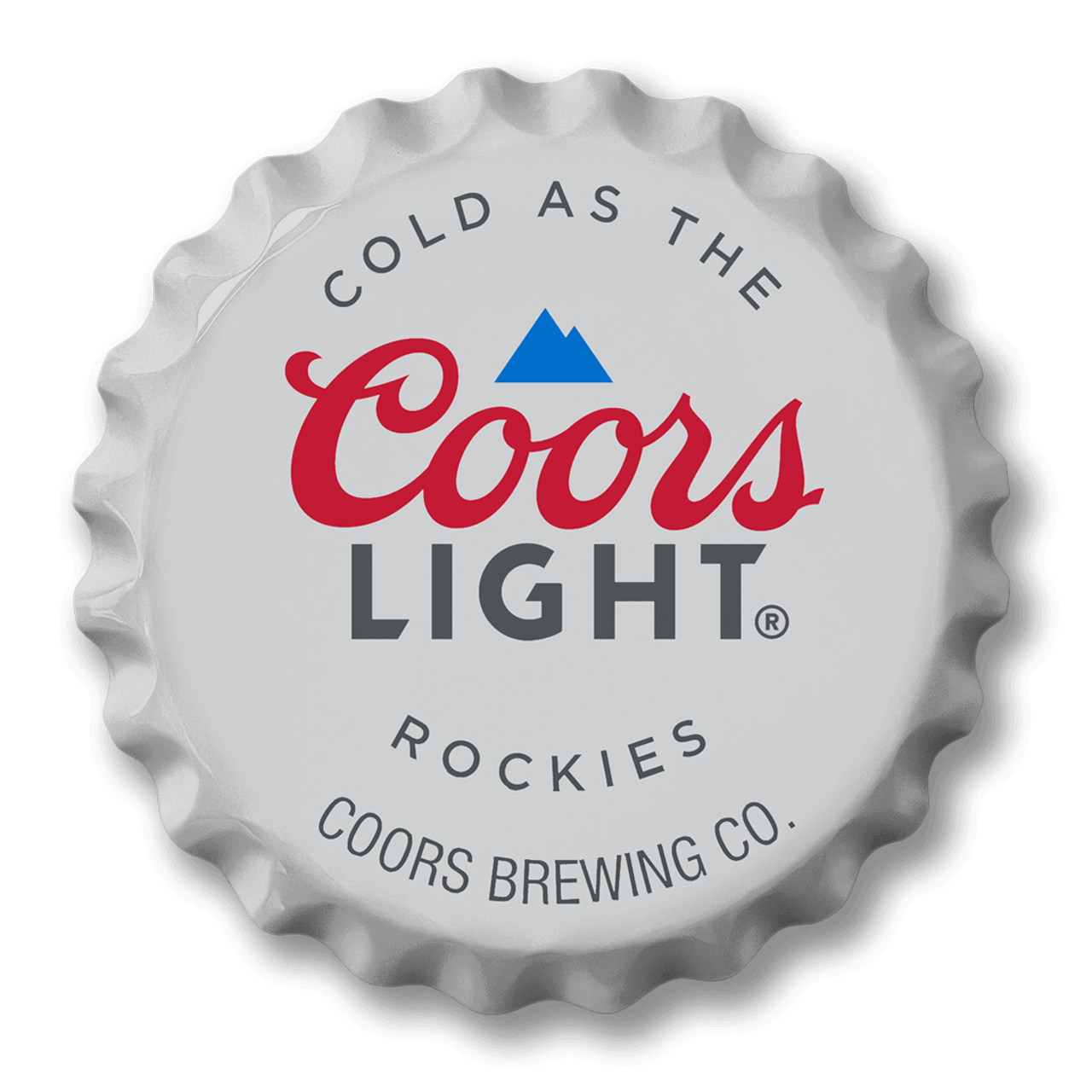 Large Coors Light bottle cap with branding, featuring 'Cold as the Rockies' text. Ideal for Cabin Depot collections. Desperate design appeal.