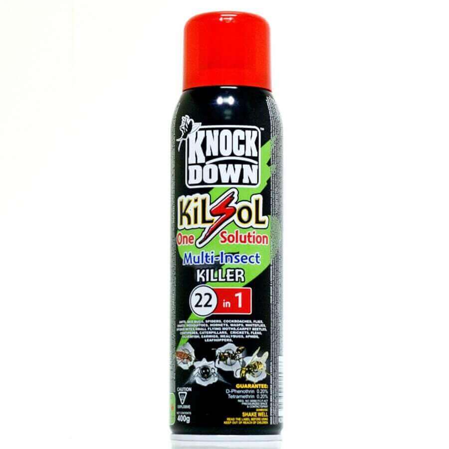 Knock Down Kilsol One Solution Multi-Insect Killer 400g aerosol with 360 spray, kills 22 pests. Available at Cabin Depot.