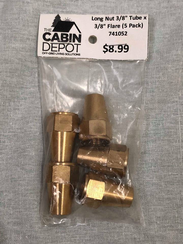 Cabin Depot 5 Pack Long Nut 3/8" Tube x 3/8" Flare, Product Code 41FL-6, Ideal for Off-Grid Living Projects.