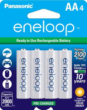 Panasonic Eneloop AA Rechargeable Batteries - 2100 recharges, 10-year charge retention, 4-pack available at Cabin Depot.