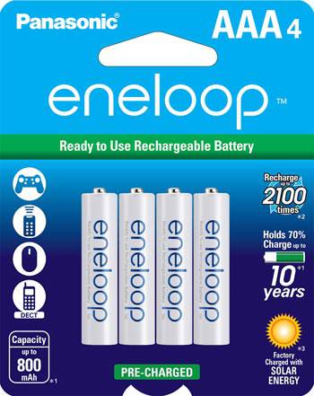 Panasonic 4-AAA Eneloop Rechargeable Batteries at Cabin Depot, rechargeable 2100 times, holds 70% charge for 10 years, pre-charged, eco-friendly.