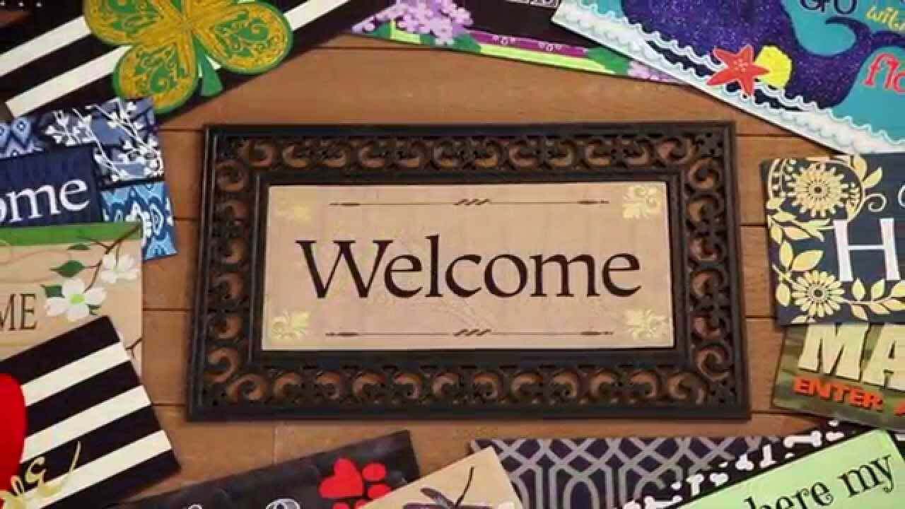 Sassafras mat inserts with "Welcome" design in decorative tray, available at Cabin Depot for seasonal or occasion customization.