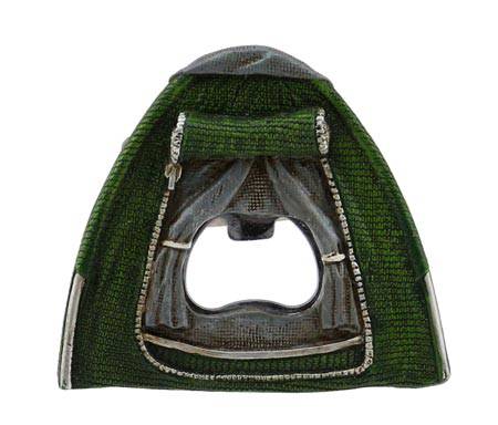 Tent-shaped bottle opener with magnet, 3x2.5 inches, detailed green tent design, perfect for Cabin Depot customers. Functional and stylish.