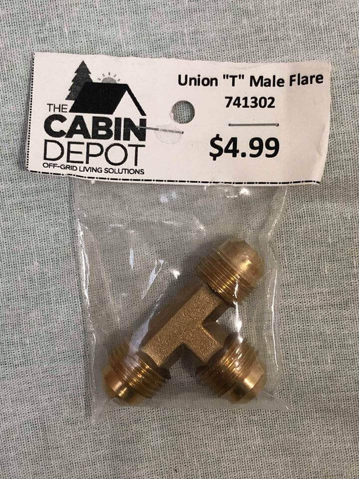Cabin Depot 3/8" T Male Flare Union for off-grid living solutions, durable brass connector priced at $4.99.