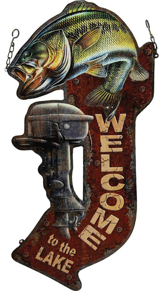 Rivers Edge Metal Welcome To The Lake Sign with fish design, perfect for cabin decor. Includes hang chains, 13"W x 24"H. Sold at Cabin Depot.
