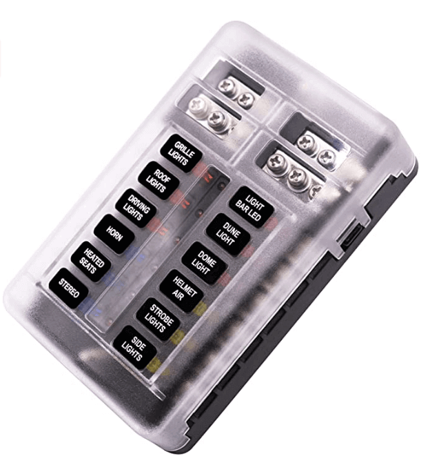 12 Circuit Fuse Box with Negative Bus and Cover, perfect for marine and vehicles, from Cabin Depot. Includes appliance name labels for easy troubleshooting.