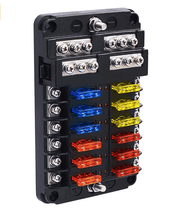 12 circuit fuse box with negative bus and cover, perfect for vehicles, sold by Cabin Depot, features appliance name labels for easy troubleshooting.