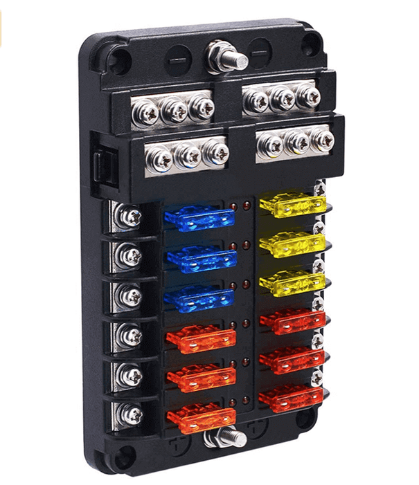 Premium 12 circuit fuse box with negative bus and cover, ideal for vehicles and marine use, featuring colored fuses for easy troubleshooting.