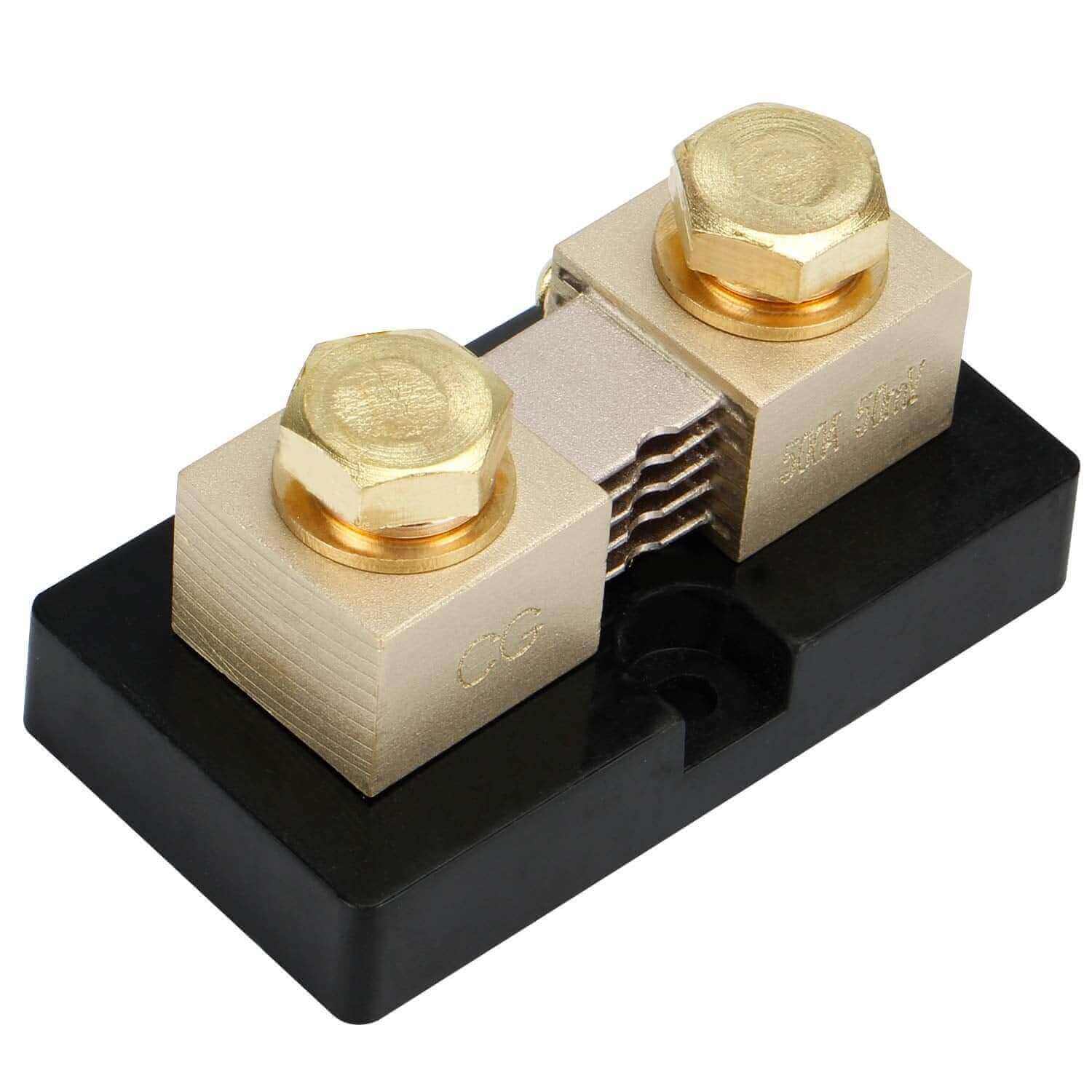 500 Amp Shunt from Cabin Depot, perfect for monitoring battery systems. High-quality design with durable brass and heavy-duty base.