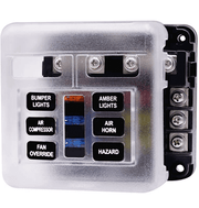 6 Circuit Fuse Box with Negative Bus and Cover from Cabin Depot, ideal for vehicles, featuring appliance name labels for easy troubleshooting.