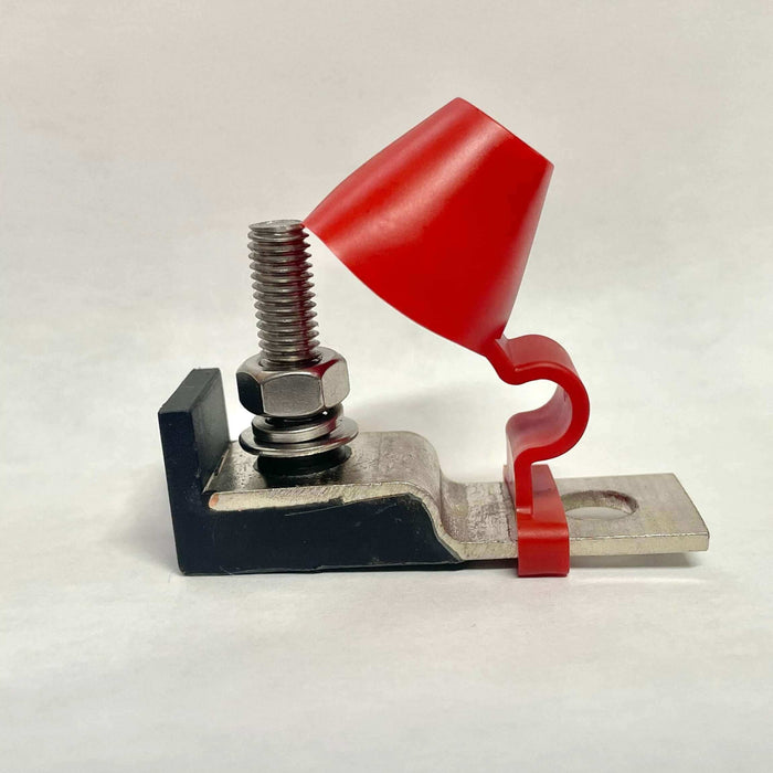 Kedron Single Terminal Fuse Holder with red cover for battery terminals, fits 50A-300A fuses, bolt connection shown.