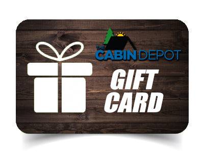 The Cabin Depot gift card image with logo on wooden background, ideal for online or physical purchases.