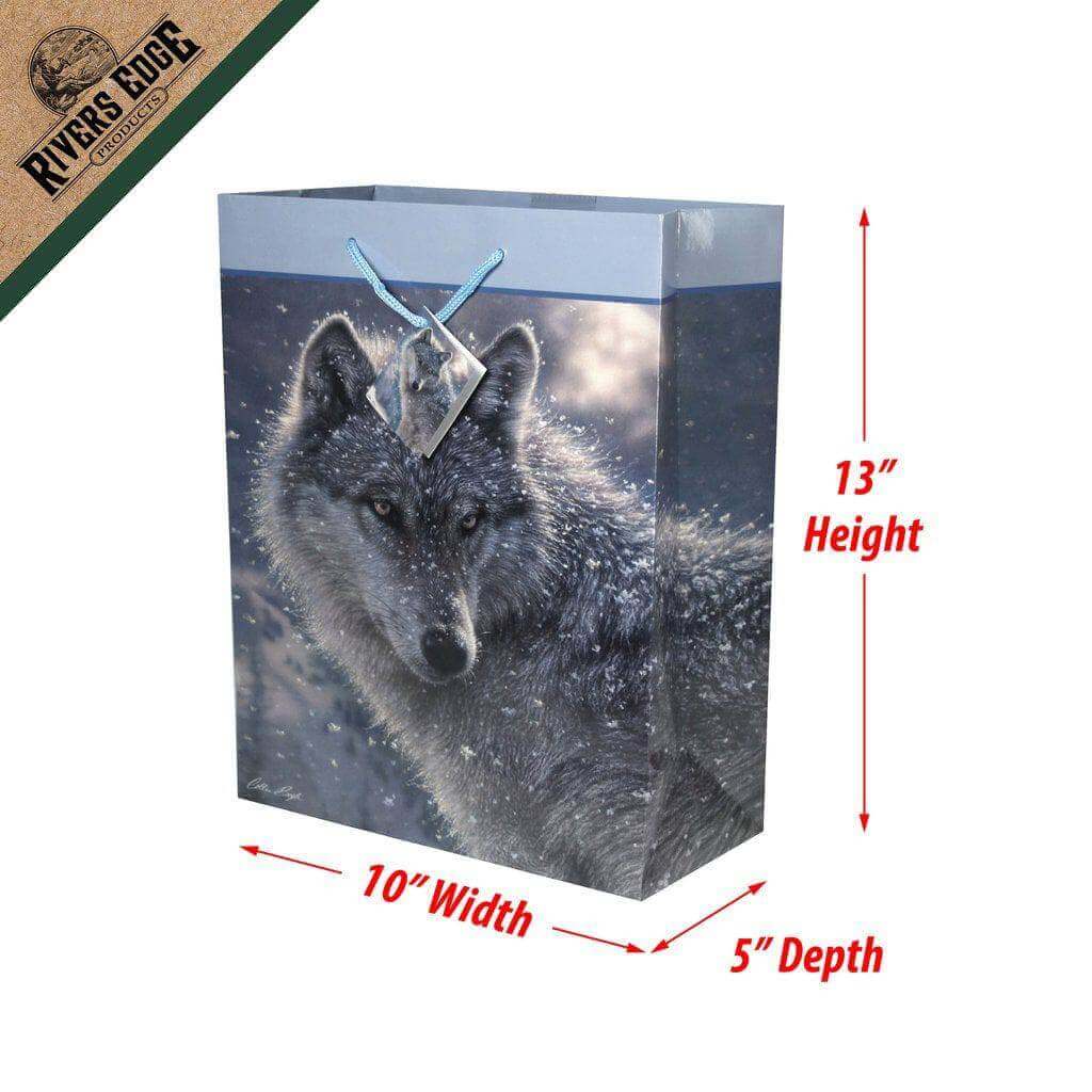 Wilcor Medium Cabin Gift Bag with wolf artwork, featuring nylon handle and card. Ideal for Cabin Depot enthusiasts. Size: 13x10x5 inches.