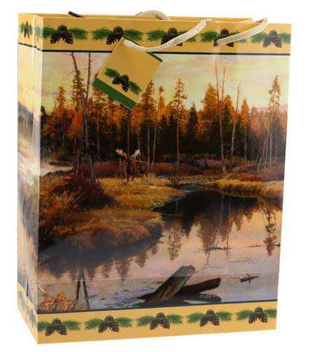 Wilcor Medium Cabin Gift Bag with scenic artwork and nylon handle, featuring attached card from Cabin Depot. Perfect for gift giving.