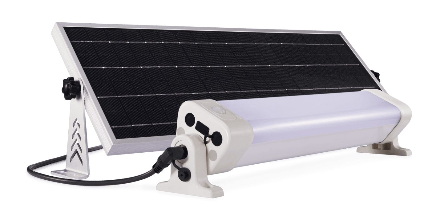 Kedron 24W Solar Powered LED Light Kit from Cabin Depot, ideal for off-grid use in cabins, camps, RVs, and workshops.