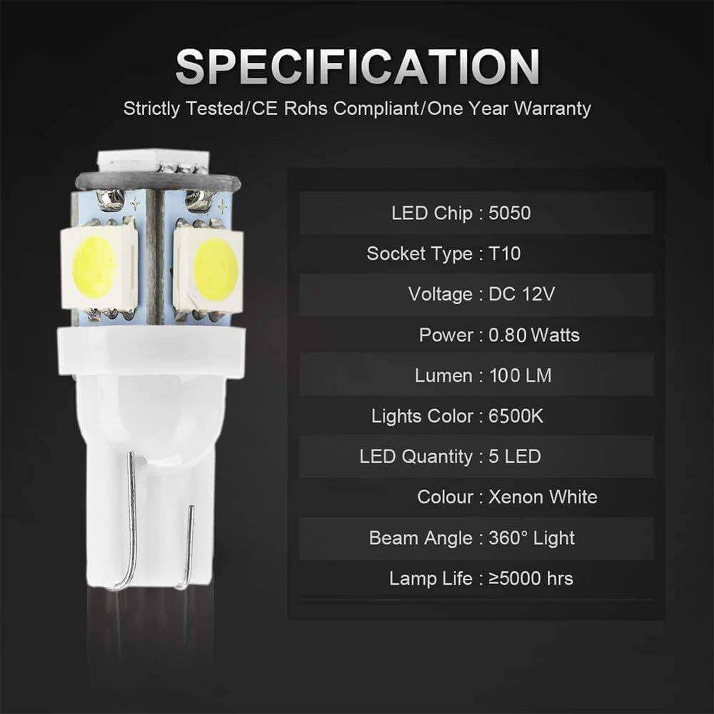 12V 0.8W LED RV Replacement Bulb 194 by Cabin Depot with 6500K xenon white light, T10 socket, and 360° beam angle.