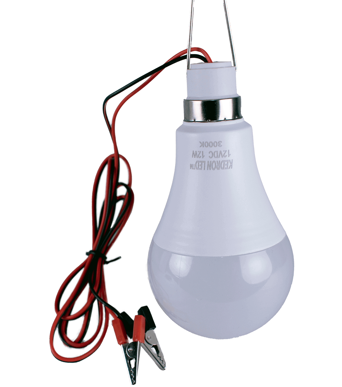 Kedron 12V 12W hanging LED camp light with alligator clips, available at Cabin Depot. Ideal for tents, cabins, boats, and outdoor use.