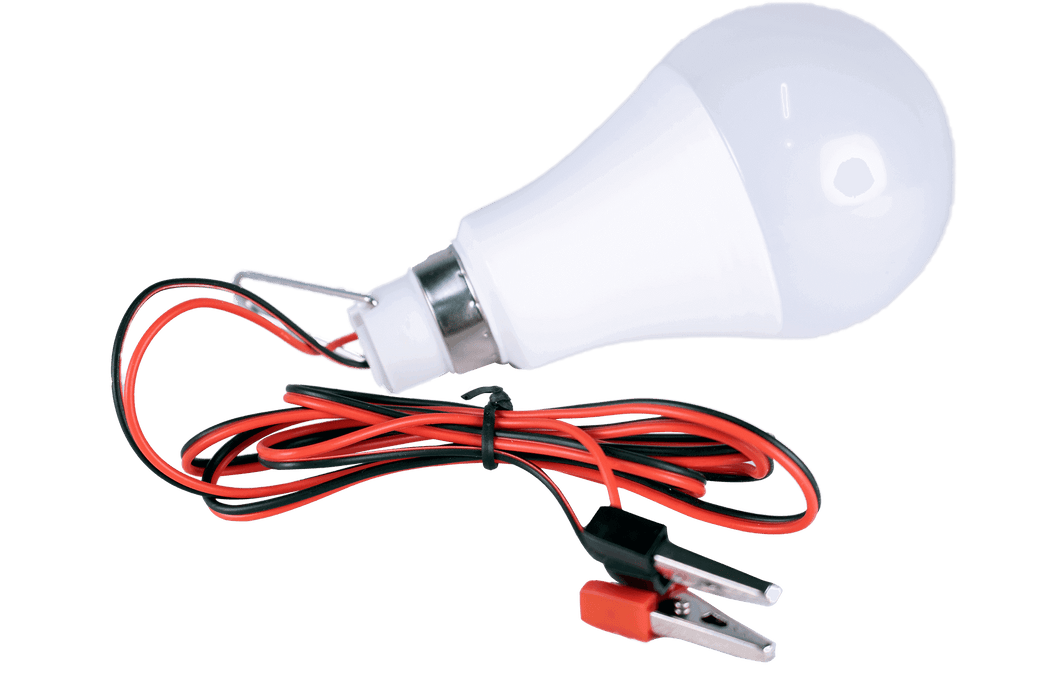 Kedron 12V 12W hanging camp light bulb with alligator clips and 4.5FT wire for easy 12v battery connection in camping settings.