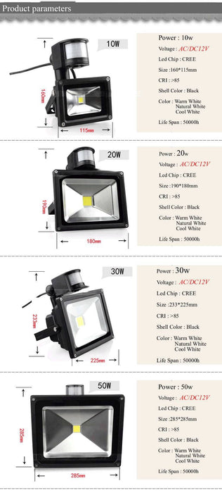 TCD- 20W 12V Led Waterproof Outdoor Motion Sensor Floodlight- Cold White