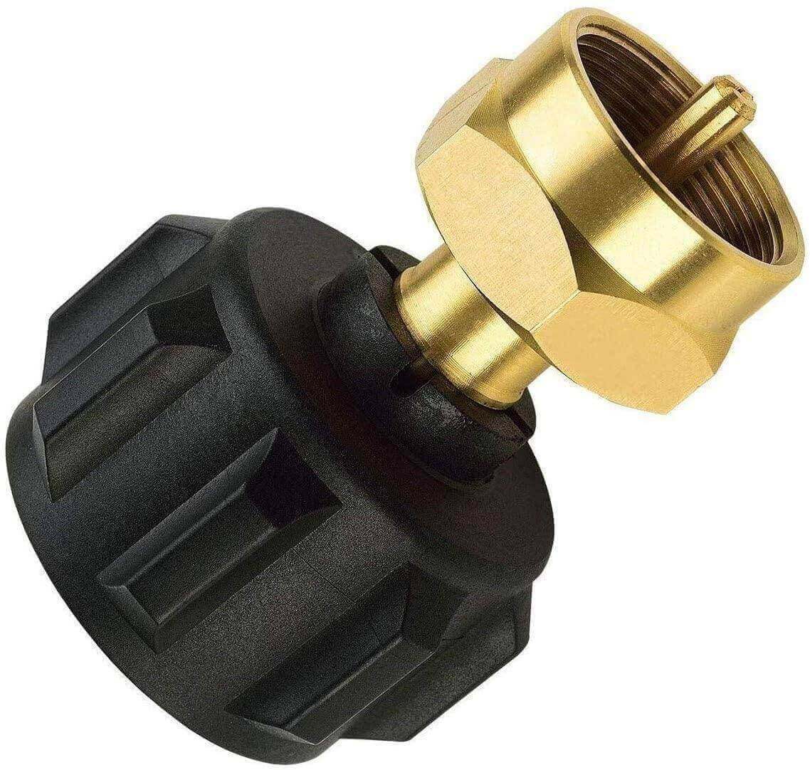 Propane tank refill adapter with QCC, solid brass construction, available at Cabin Depot. Built-in safety feature for preventing overfilling.