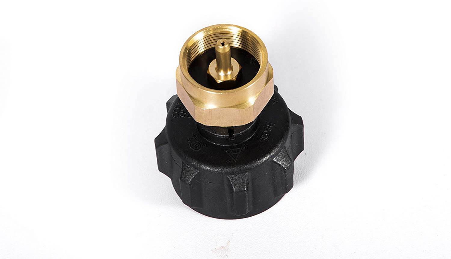 Propane tank refill adapter with QCC, safety feature, handwheel grip, solid brass construction, Cabin Depot.