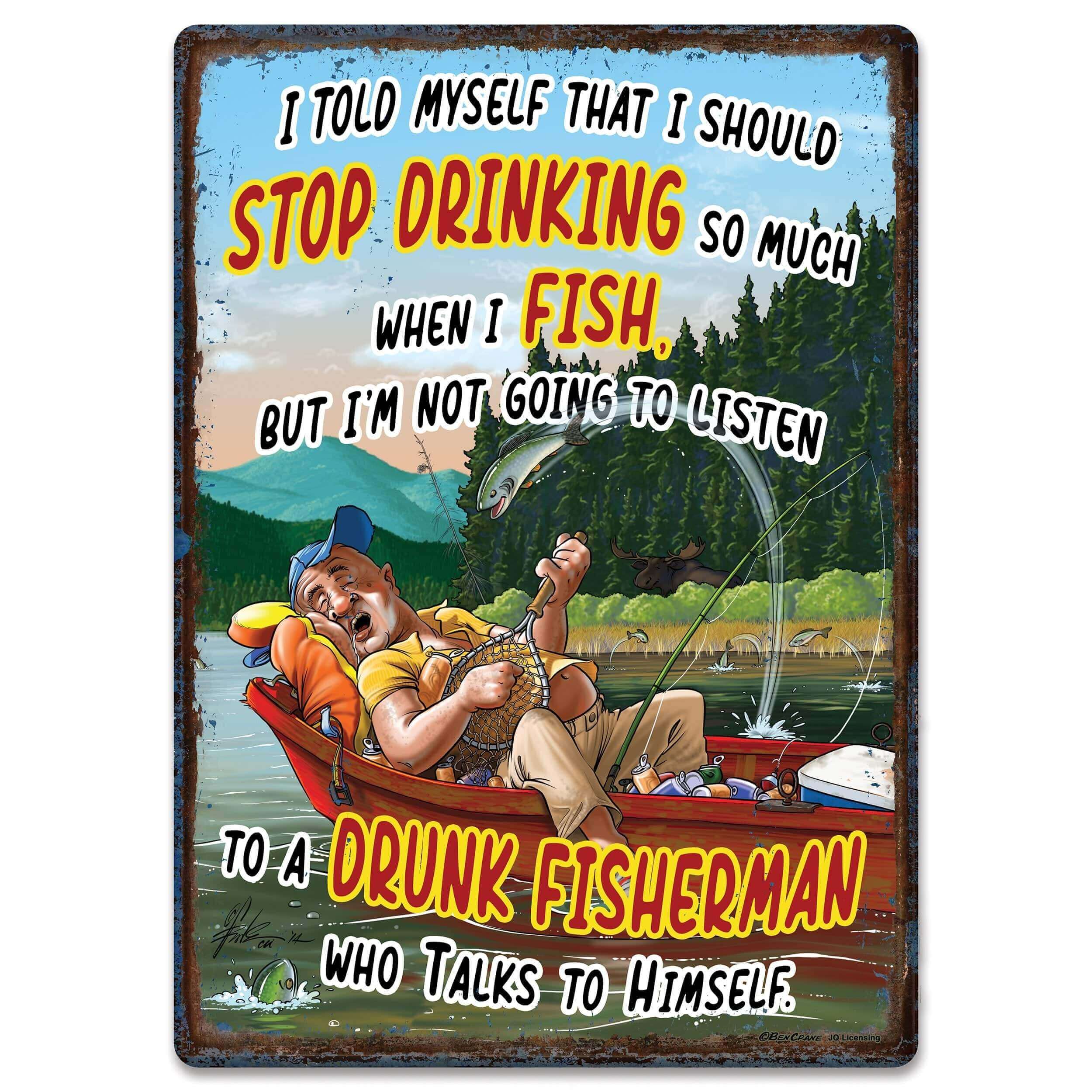Humorous tin sign for Cabin Depot featuring a fisherman on a lake with funny text, ideal for garage or cabin decor, 17x12 inches.