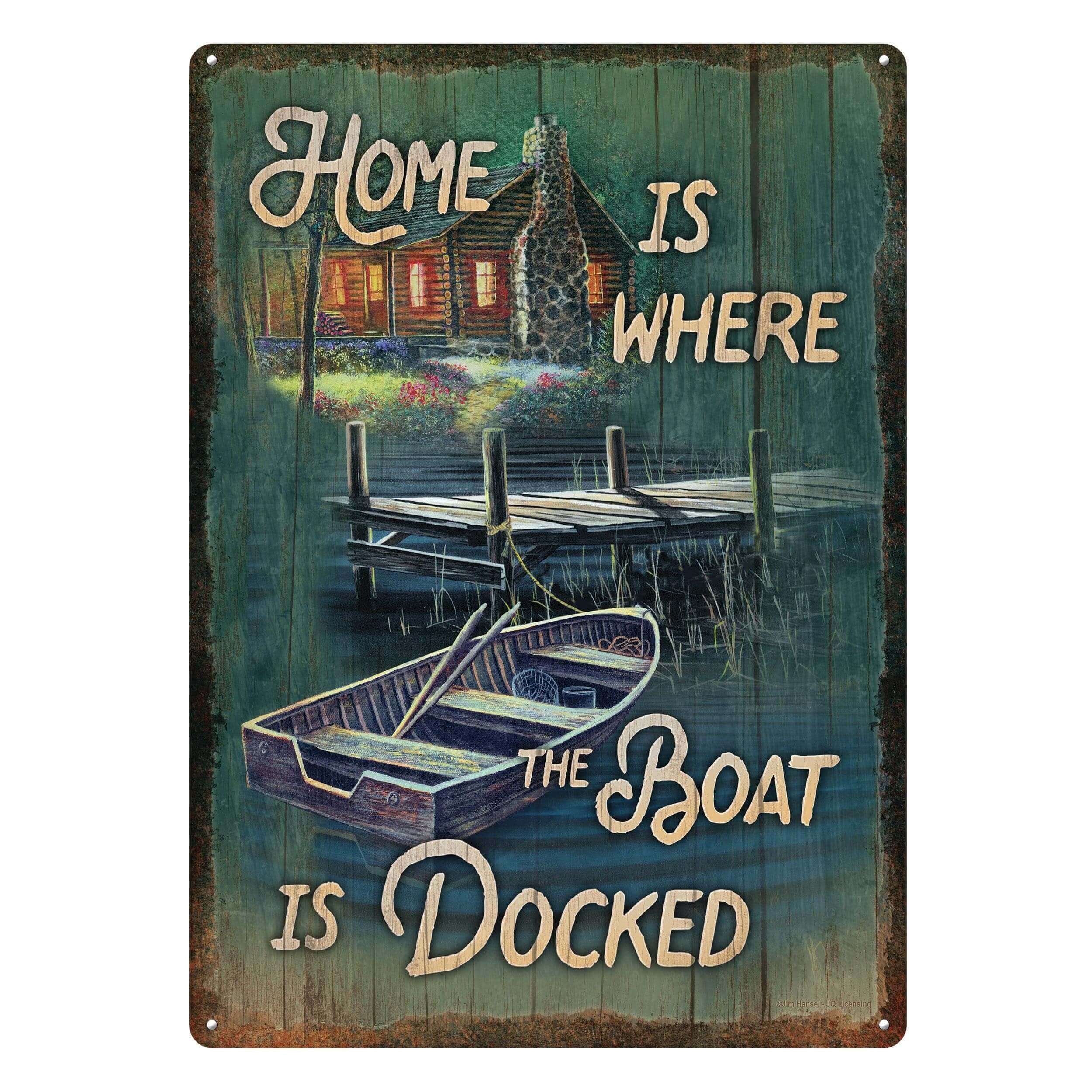 Desperate tin sign featuring a cabin and boat dock with humorous text, 17x12 inches, weatherproof finish, perfect for Cabin Depot decoration.