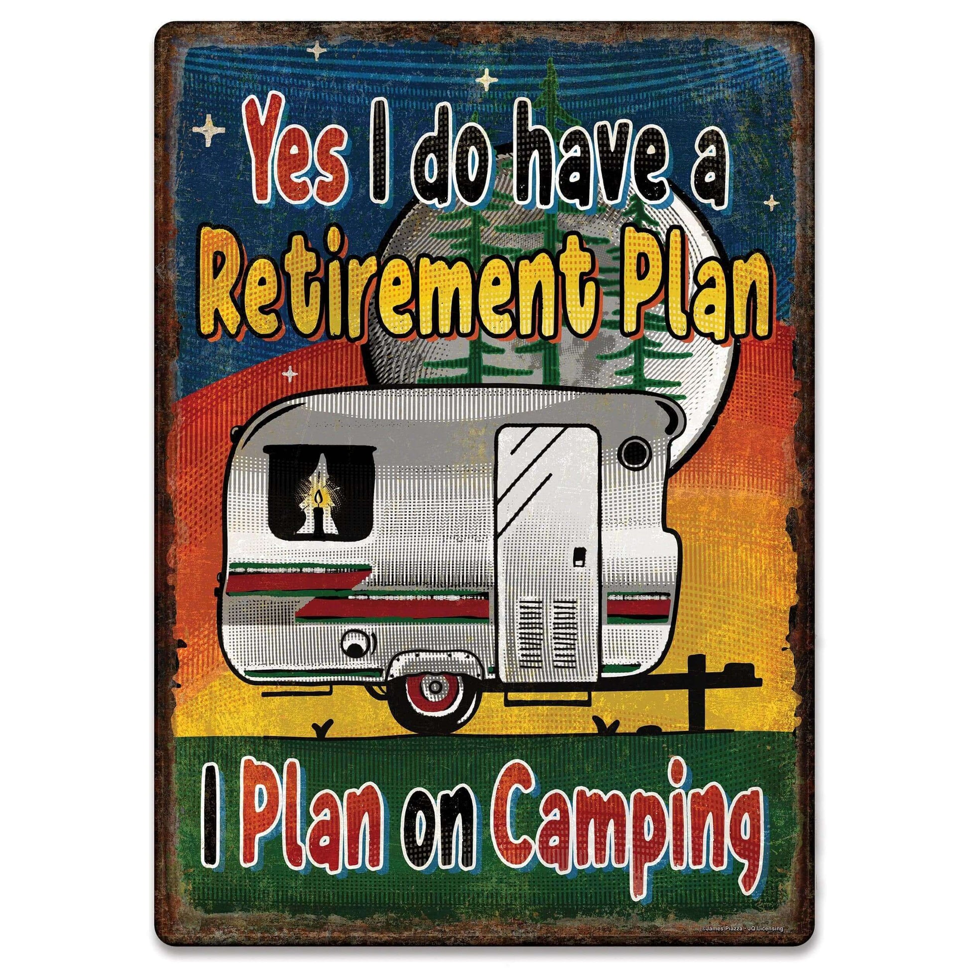 Vintage tin sign with camping trailer graphic and 'Retirement Plan' humor text, perfect decorative piece from Cabin Depot.