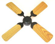 Rustic wood-blade ceiling fan with black metal accents, perfect for traditional cabin interiors from Cabin Depot.