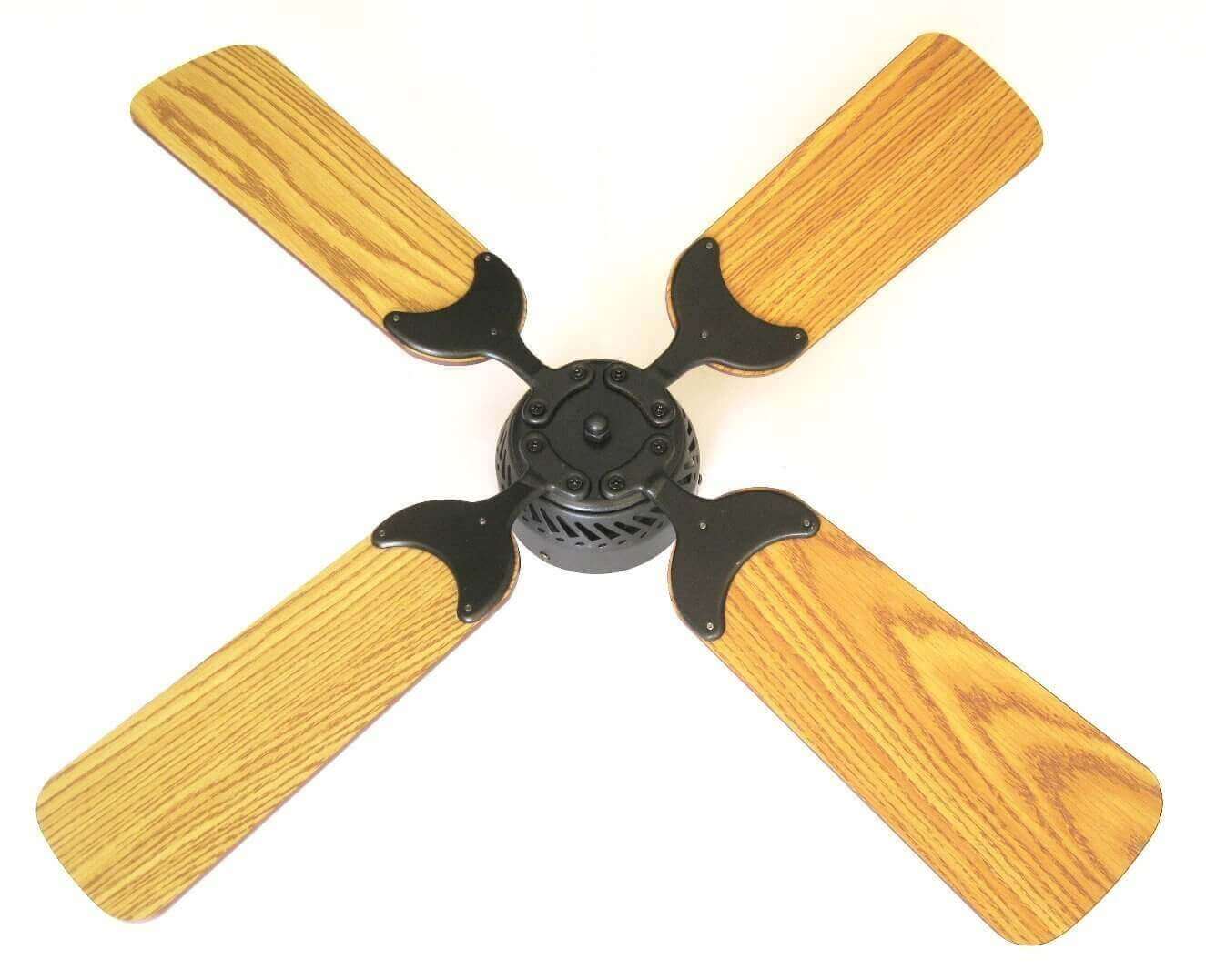 Rustic wood-blade ceiling fan with black metal accents, perfect for traditional cabin interiors from Cabin Depot.