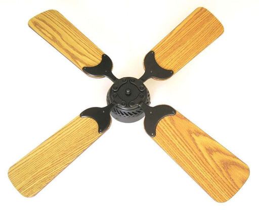 Rustic wood-blade ceiling fan with black metal accents, perfect for traditional cabin interiors from Cabin Depot.