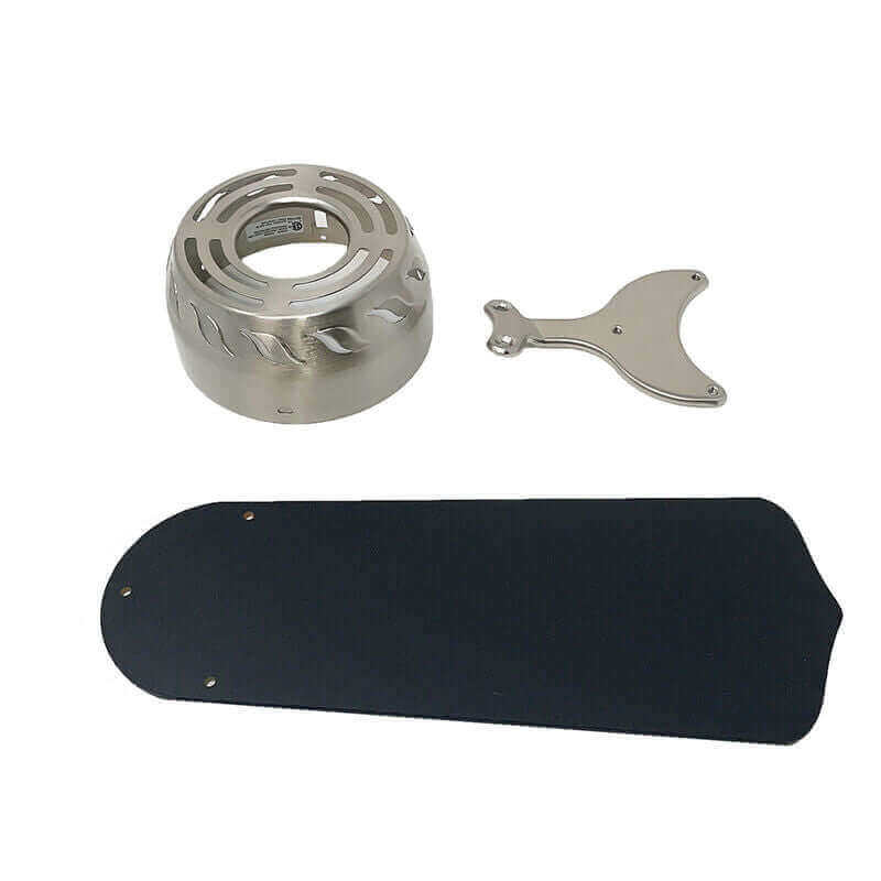 Parts for Trusty 12V 36" Remote Control DC Ceiling Fan, featuring a silver motor cover, blade bracket, and black fan blade. Cabin Depot.