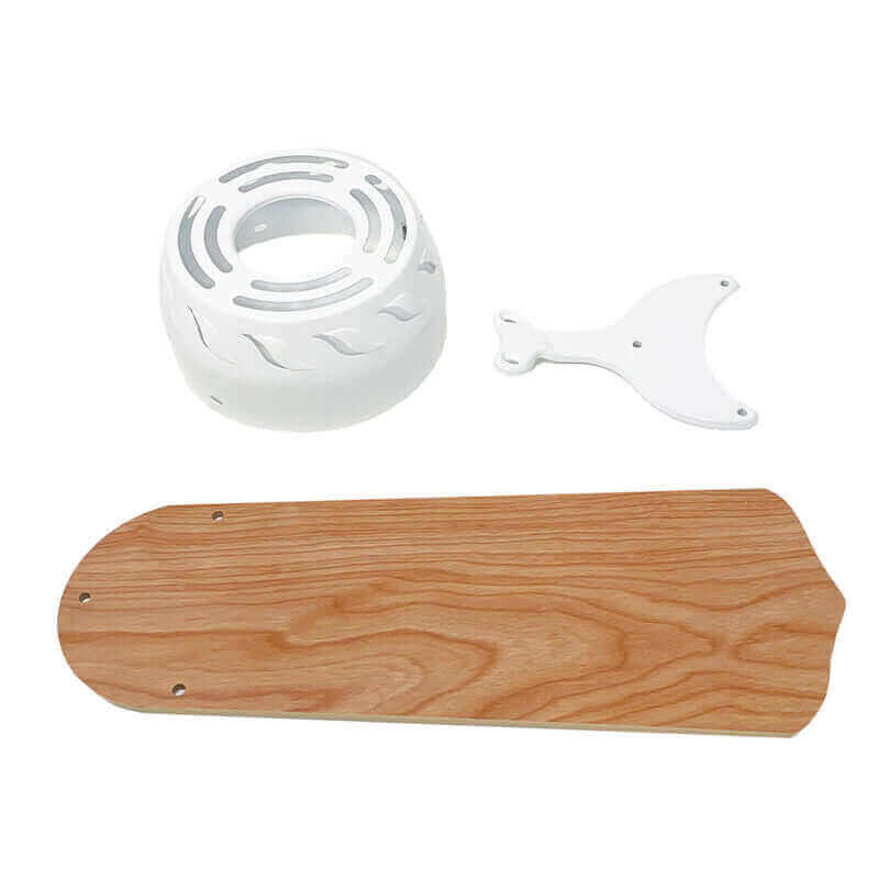 Components of Trusty 12V DC Ceiling Fan with wood blade and white bracket by Cabin Depot.