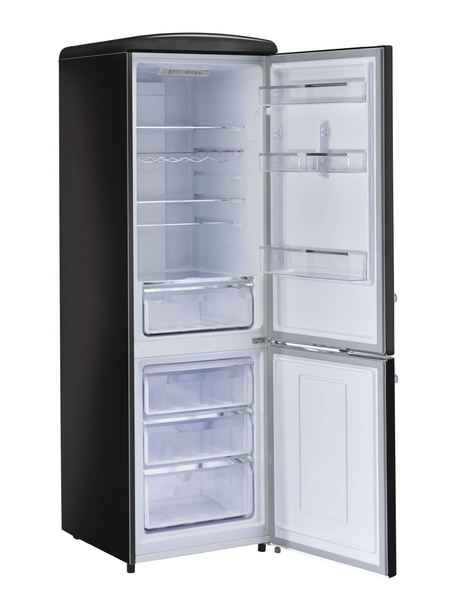 Unique 12 Cu/Ft Retro Bottom Mount Refrigerator open view from Cabin Depot