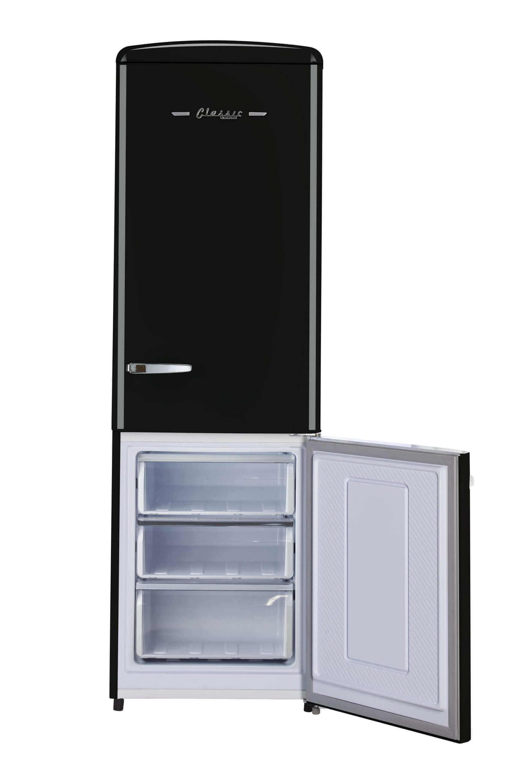 Retro black bottom mount refrigerator, 12 cu. ft., Classic design, by Cabin Depot for ample kitchen storage. Unique throwback style. UGP-330L.