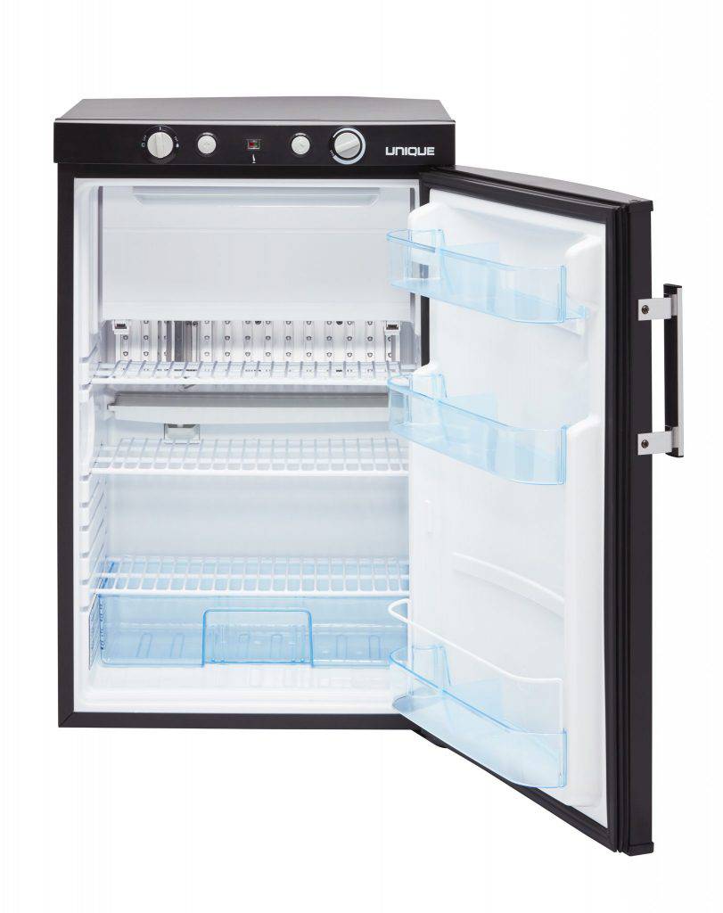 Unique 3 Cu/Ft 110V/12V Propane Fridge With Freezer, open view, showing interior shelves, optimized for Cabin Depot use.